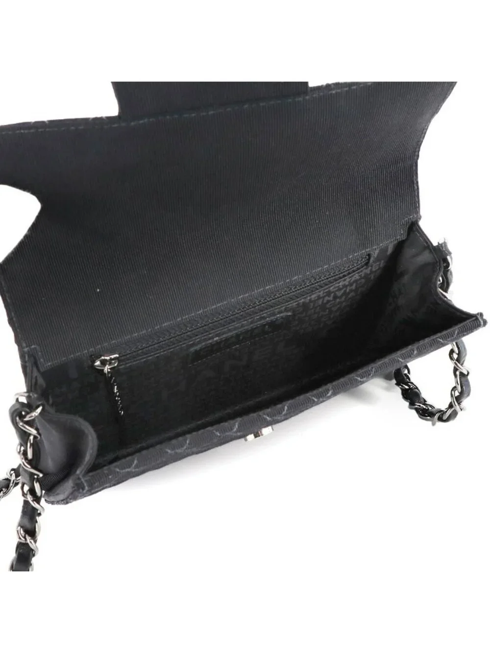 Chanel Quilted Emblem Chain Shoulder Bag Canvas Leather Black Silver